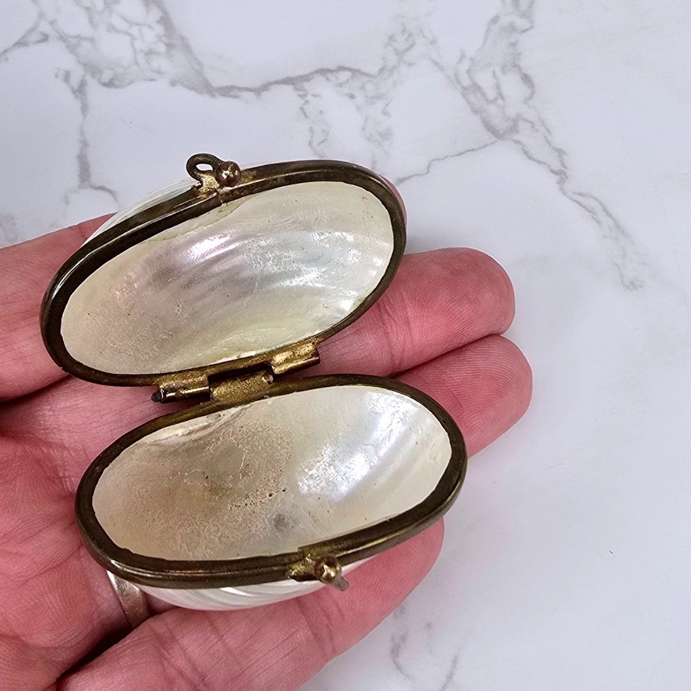 Vintage Mother of Pearl Seashell Trinket Box Brass Clasp Iridescent Pill Case - Picture 8 of 11